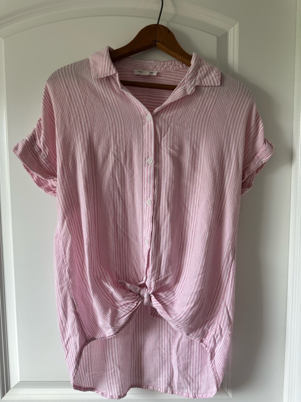 Pink and White Striped Beachy Coastal Button & Tie Front Top